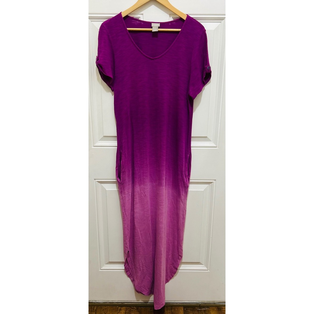 Chico's Maxi T-Shirt Dress Size 1 Purple Ombre Casual‎ V-Neck Short Sleeve